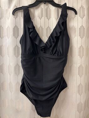 DKNY Black Ruffle V-Neck One-Piece Swimsuit